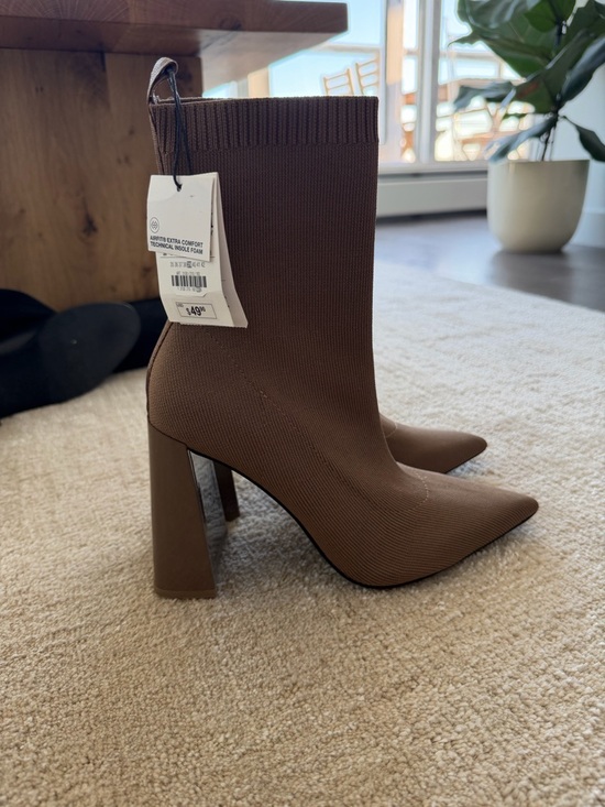 Zara Shoes - Zara Brown Stretch-Knit Pointed Sock Boot with Block Heel